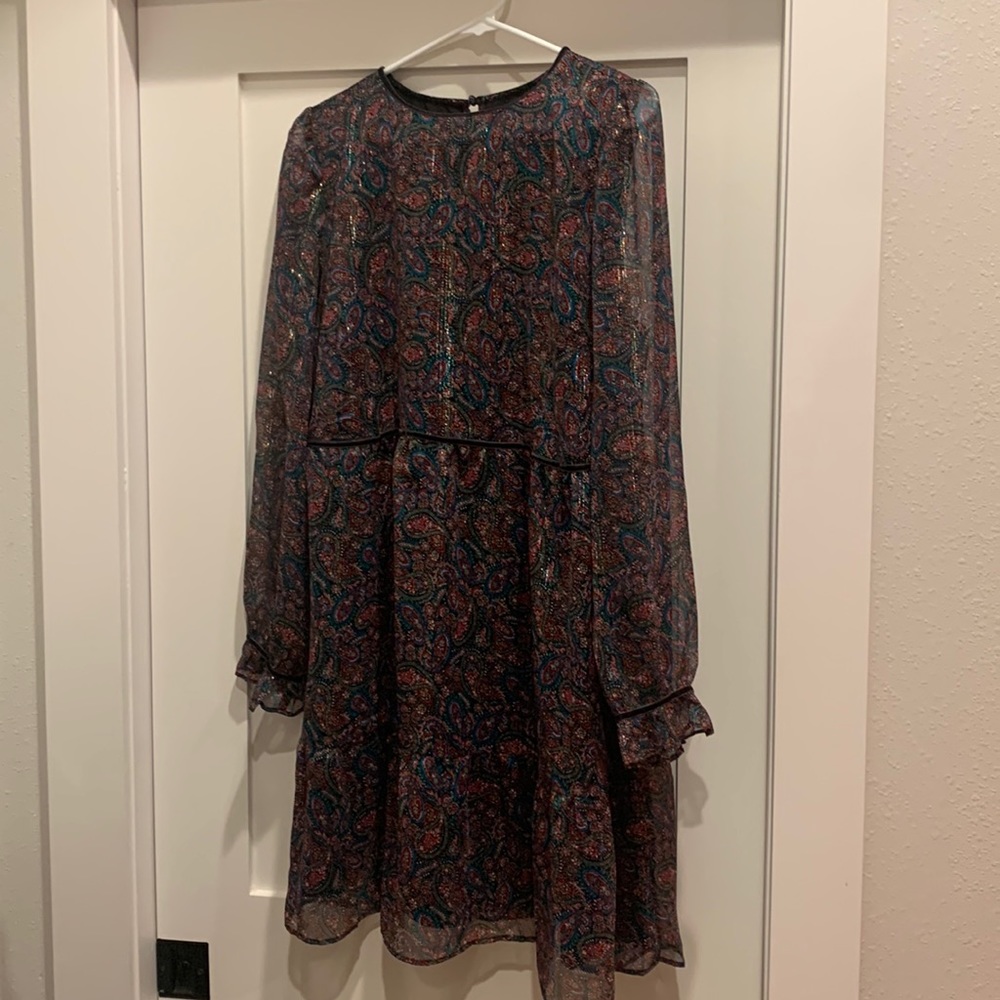 Loft shimmer paisley velvet trim print holiday dress size M